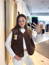 Kurze Teddy Weste mit Knopfleiste und Smiley Braun