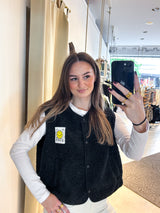 Kurze Teddy Weste mit Knopfleiste und Smiley Schwarz