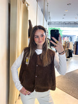 Kurze Teddy Weste mit Knopfleiste und Smiley Braun