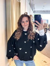 Oversized Strickpullover mit kleinen Herzen Schwarz/Weiß