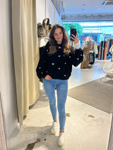 Oversized Strickpullover mit kleinen Herzen Schwarz/Weiß