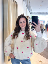 Oversized Strickpullover mit kleinen Herzen Beige/Pink