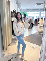 Oversized Strickpullover mit kleinen Herzen Beige/Pink