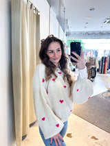 Oversized Strickpullover mit kleinen Herzen Beige/Pink