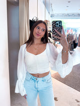 Geraffte Bluse mit lockeren Ärmeln Weiß