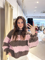 Strickpullover Gestreift mit Rüschen Hellbraun/Pink
