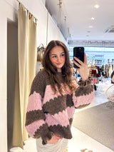 Strickpullover Gestreift mit Rüschen Hellbraun/Pink