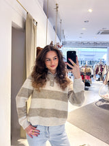 Gestreifter Strickpullover mit Kragen Taupe