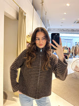 Strickjacke mit Zipper fein gestreift Braun