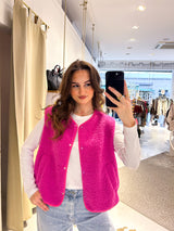 Kurze Teddy Weste mit Knopfleiste Pink