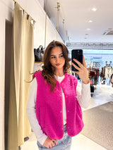 Kurze Teddy Weste mit Knopfleiste Pink