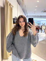 Oversized Strickpullover mit V-Ausschnitt Dunkelgrau