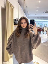 Oversized Strickpullover mit Stehkragen Hellbraun