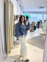 Kurze Oversized Strickjacke mit Schleifen Taubenblau