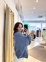 Kurze Oversized Strickjacke mit Schleifen Taubenblau