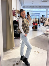 Kurze Teddy Weste mit Knopfleiste und Streifen Beige/Braun