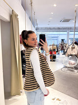 Kurze Teddy Weste mit Knopfleiste und Streifen Beige/Braun