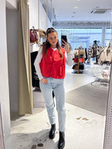 Kurze Teddy Weste mit Knopfleiste und Streifen Pink