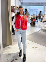 Kurze Teddy Weste mit Knopfleiste und Streifen Pink