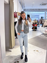 Kurze Teddy Weste mit Knopfleiste und Streifen Creme/Braun