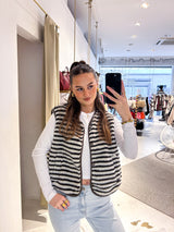 Kurze Teddy Weste mit Knopfleiste und Streifen Creme/Braun