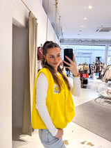 Kurze Teddy Weste mit Knopfleiste und Smiley Gelb