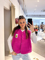 Kurze Teddy Weste mit Knopfleiste und Smiley Pink