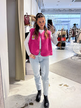 Kurze Teddy Weste mit Knopfleiste und Smiley Pink