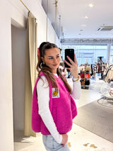 Kurze Teddy Weste mit Knopfleiste und Smiley Pink