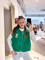 Kurze Teddy Weste mit Knopfleiste und Smiley Grün