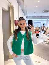 Kurze Teddy Weste mit Knopfleiste und Smiley Grün