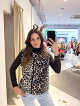 Teddy Weste mit Knopfleiste und Leomuster Beige