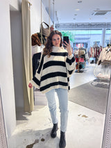 Oversized Strickpullover Gestreift mit Stehkragen Schwarz