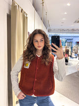 Kurze Teddy Weste mit Knopfleiste und Smiley Rost