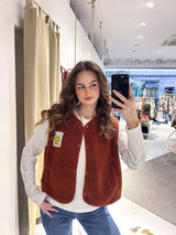 Kurze Teddy Weste mit Knopfleiste und Smiley Rost