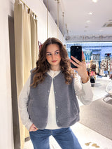 Kurze Teddy Weste mit Knopfleiste Grau