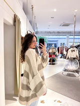 Oversized Strickpullover Gestreift mit Stehkragen Beige