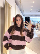 Strickpullover Gestreift mit Rüschen Braun/Pink