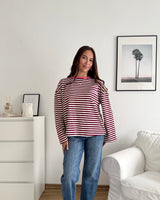 Longsleeve Moment mit Streifen Weinrot/Pink