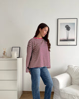 Longsleeve Moment mit Streifen Weinrot/Pink