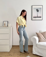 Cropped Bluse mit Knoten Pastell Gelb