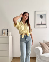 Cropped Bluse mit Knoten Pastell Gelb