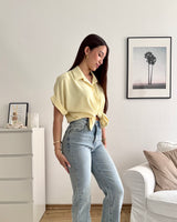 Cropped Bluse mit Knoten Pastell Gelb