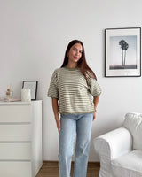 Kurzarm Strickpullover gestreift Olive/Weiß