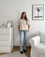 Kurzarm Strickpullover gestreift Taupe/Beige