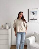 Kurzarm Strickpullover gestreift Taupe/Beige
