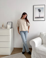 Kurzarm Strickpullover gestreift Taupe/Beige