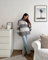 Oversized Strickpullover gestreift Grau/Beige