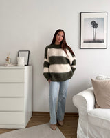 Oversized Strickpullover gestreift Olive/Beige