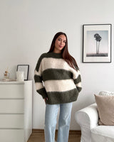 Oversized Strickpullover gestreift Olive/Beige